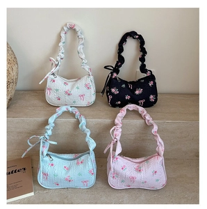 Women Floral Print Bow Pleated Underarm Bag Sweet Seersucker Fabric Shoulder Bag Fresh Style Small Handbag for Daily Dating