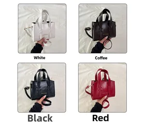 Collage showing four colors of oil wax leather handbags in white, coffee, black, and red