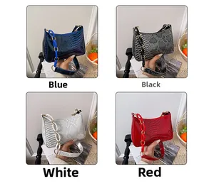 Collage of chic snake print underarm bags in blue black white and red with chain straps