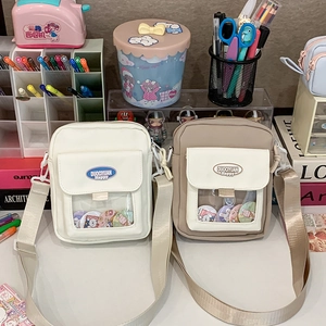 Sac Ita Style Japonais pour Femmes Couleur Contrastée Sac Bandoulière Transparent Avec Badges de Dessin Animé Nylon Sac Messager Décontracté
