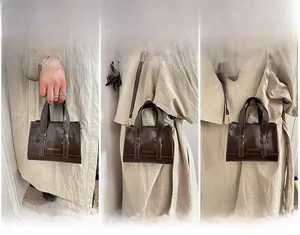 Three-way styling showing the dark brown oil wax leather bag as handbag, shoulder, and crossbody