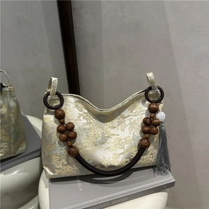 New Chinese style embroidery handbag with landscape pattern and wooden bead handle
