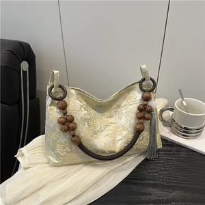 New Chinese style handbag with landscape embroidery, wooden bead handle and silk tassel