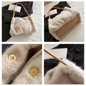 Detailed view of plush tote bag with faux fur texture, leather base and magnetic closure