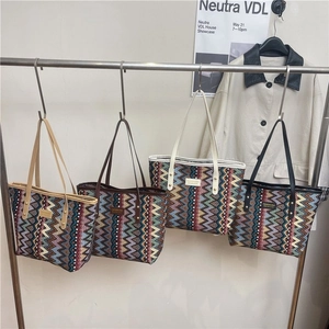 Ethnic Style Large Capacity Tote Bag For Women Woven Zigzag Pattern Synthetic Leather Strap Bohemian Shoulder Bag