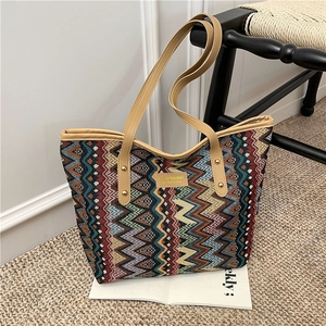 Ethnic style large capacity tote bag with geometric wave patterns and wide strap