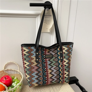 Ethnic style large tote bag with colorful wave patterns and wide leather straps