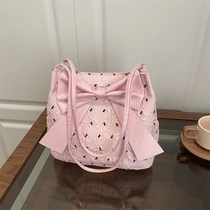 Pink seersucker tote bag with large bow and black animal embroidery pattern for women