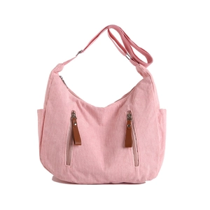 Pink corduroy crossbody dumpling bag for women with adjustable strap and dual zipper pockets