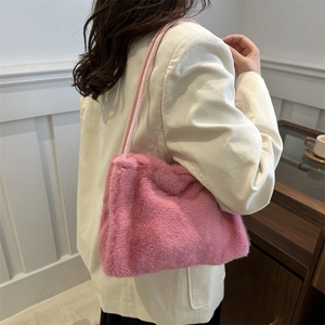 Pink faux fur plush shoulder bag for women with soft texture and slim strap