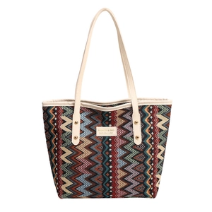 Ethnic oversized tote bag with bohemian zigzag knit pattern and wide shoulder straps