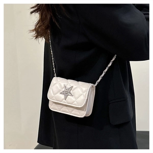 Close-up of beige quilted chain bag with a sparkling star emblem on a black blazer