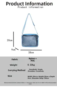 Blue transparent PVC crossbody bag with dimensions 28x20x9cm and adjustable strap