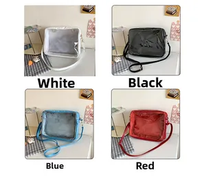 Collage of four small square messenger bags with clear PVC windows in white, black, blue, and red