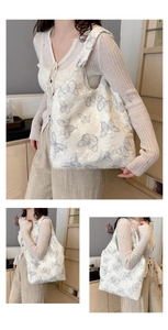 Detail of 3D butterfly embroidery on white lace tote bag with delicate floral texture