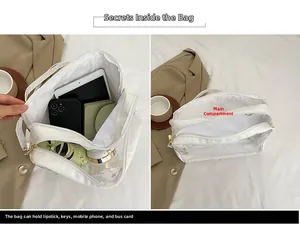 Internal layout of a large white minimalist shoulder bag showing capacity for tablets and daily items