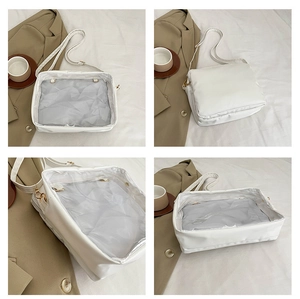 Detailed interior and side views of a white college style messenger bag with PVC panel