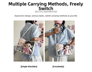 Detailed views of the transparent PVC messenger bag with two plush dolls inside