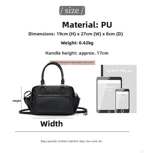 Size comparison of black PU leather handbag with iPad showing its dimensions and 19cm height