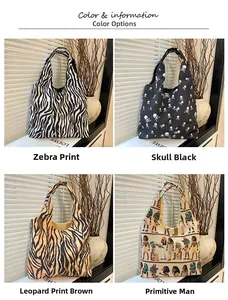 Detailansicht von vier großen Canvas-Beuteltaschen mit Zebra-, Tiger- und Totenkopfmuster