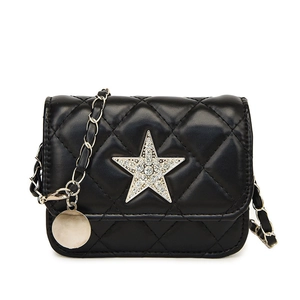 Quilted black leather crossbody bag with star emblem and chain strap for summer 2025