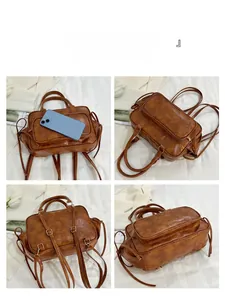 Detailed multi-angle view of brown vintage PU leather backpack with mobile phone for size comparison
