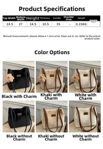 Size chart showing dimensions and six color options for the plush winter bucket bag