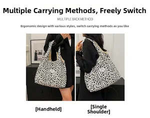 Detail view of leopard print tote bag showing shoulder and handbag carrying styles