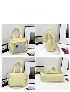 Viste dettagliate della borsa in tela gialla con tasca in PVC e tracolla regolabile rimovibile