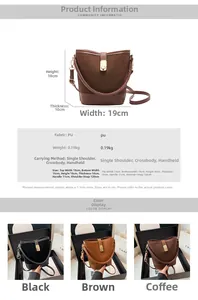 Size chart showing dimensions for women bucket bag: 19x18x10cm, made of PU leather material