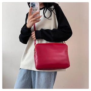 Mirror selfie showing a red rectangular leather shoulder bag with gold zipper detail