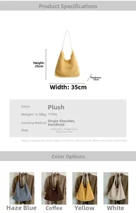 Detailed size specifications and four available colors for this large plush tote bag