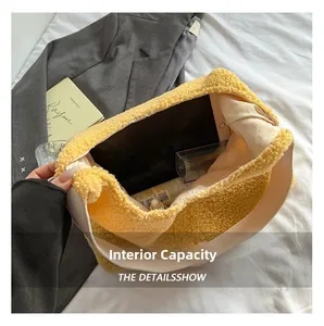 Interior view of yellow plush tote bag showing large capacity for tablet and cosmetics