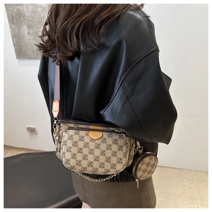 Three-in-one crossbody bag set with checkered pattern and adjustable nylon wide strap