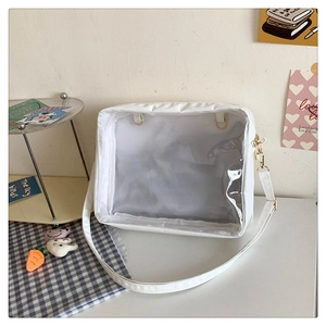 Macro detail of white leather frame and transparent PVC window on large crossbody ita bag