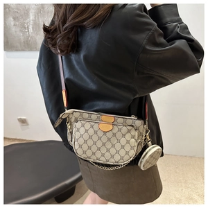 Three-in-one beige monogram crossbody bag set with orange leather trim and metal chain