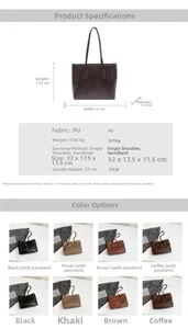 Detail showing vintage PU leather tote bag with dimensions and 27cm handle height