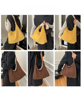 Multi-angle view of large plush tote bags in ginger and dark brown showing fuzzy textures