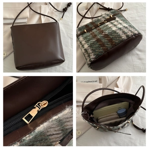 Vues détaillées du sac seau en laine et cuir avec zip doré et intérieur spacieux et pratique