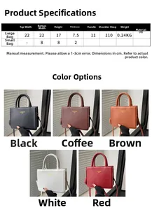 Size chart showing large and mini PU leather tote bags with dimensions in centimeters