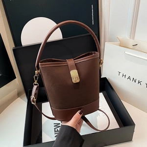 Vintage Women Synthetic Leather Bucket Bag Minimalist Contrast Stitching Shoulder Crossbody Handbag With Adjustable Strap