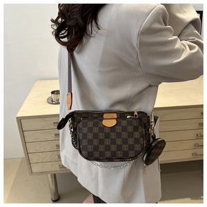 Detailed back view of a 3-in-1 brown crossbody bag with logo pattern and wide strap