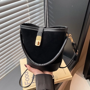 Retro black leather bucket bag with gold clasp and shoulder strap for women