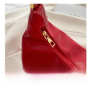 Detailed macro view of the smooth gold metal zipper and red leather texture on the handbag