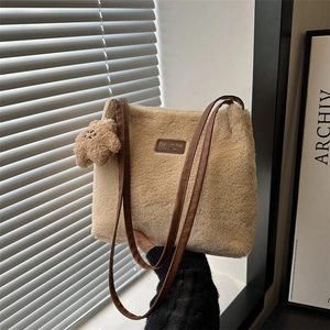 Women Korean Style Plush Bucket Bag Large Capacity Faux Fur Shoulder Bag Simple Casual Underarm Tote Handbag With Bear Charm