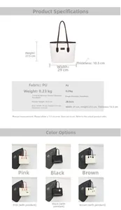 Size chart showing dimensions of the PU leather tote bag with various color options available