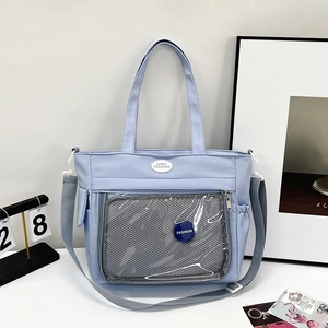 Borsa ita tote azzurra grande capacità con finestra trasparente e tracolla regolabile