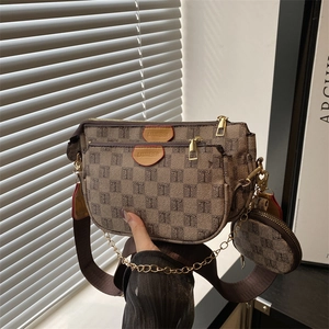 Women's Vintage 3-in-1 Monogram Shoulder Bag Synthetic Leather Checkerboard Crossbody Bag With Metal Chain Commuting Bag
