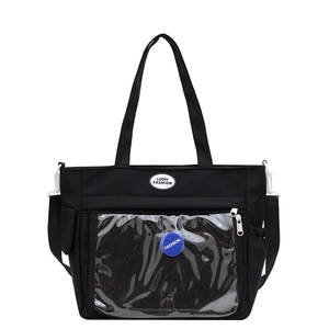 Borsa tote nera in stile giapponese con tasca anteriore trasparente per i badge