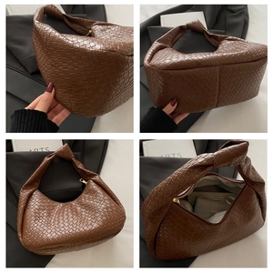 Detailed views of dark brown woven hobo bag with knotted handle and gold zipper